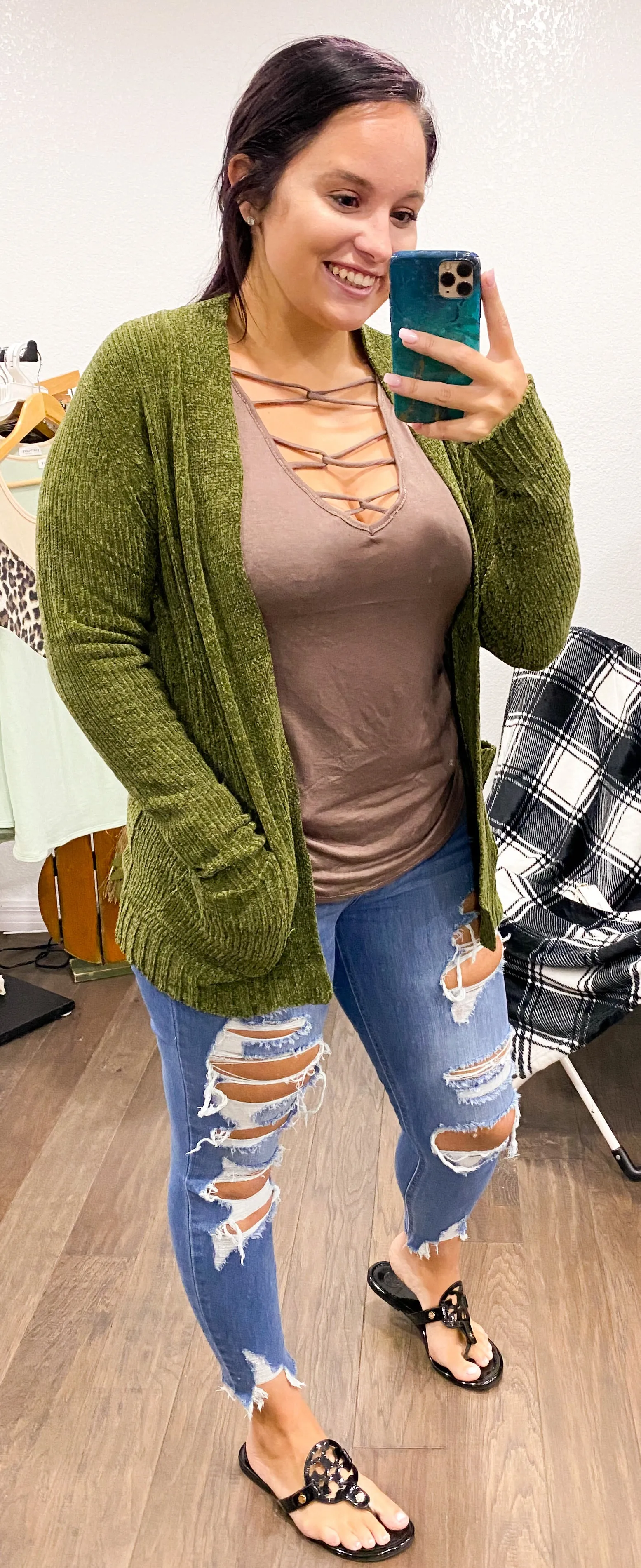 Chenille Olive Cardigan