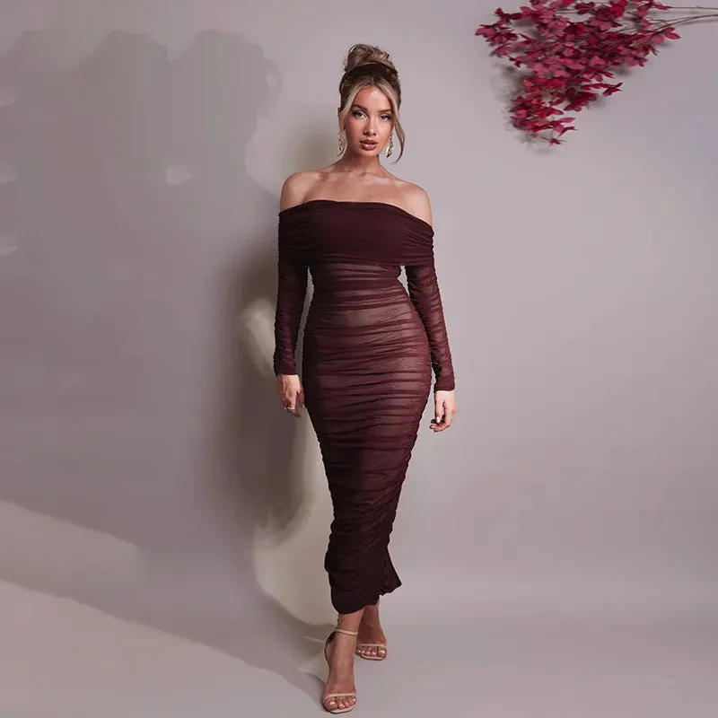 Chic Off-Shoulder Ruched Mesh Bodycon Midi Dress with Long Sleeves – Stylish Evening Wear