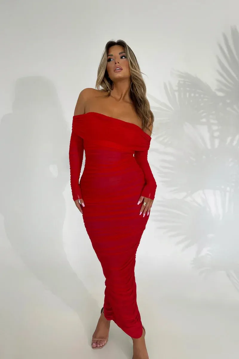 Chic Off-Shoulder Ruched Mesh Bodycon Midi Dress with Long Sleeves – Stylish Evening Wear