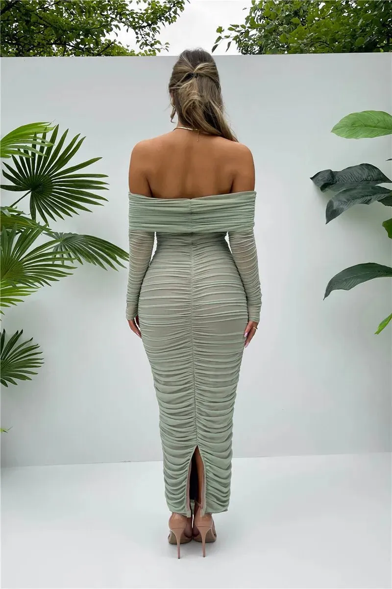 Chic Off-Shoulder Ruched Mesh Bodycon Midi Dress with Long Sleeves – Stylish Evening Wear