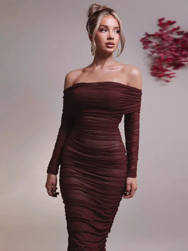 Chic Off-Shoulder Ruched Mesh Bodycon Midi Dress with Long Sleeves – Stylish Evening Wear