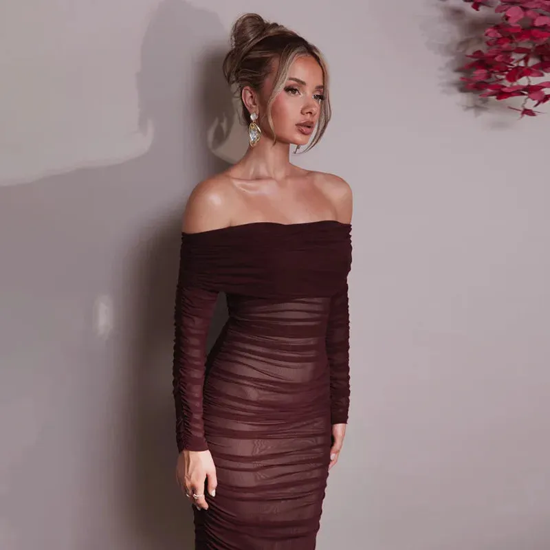 Chic Off-Shoulder Ruched Mesh Bodycon Midi Dress with Long Sleeves – Stylish Evening Wear