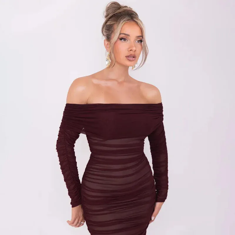Chic Off-Shoulder Ruched Mesh Bodycon Midi Dress with Long Sleeves – Stylish Evening Wear
