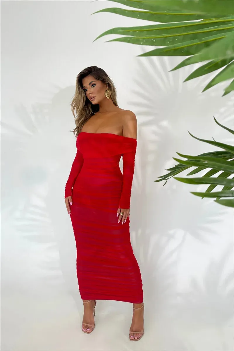 Chic Off-Shoulder Ruched Mesh Bodycon Midi Dress with Long Sleeves – Stylish Evening Wear