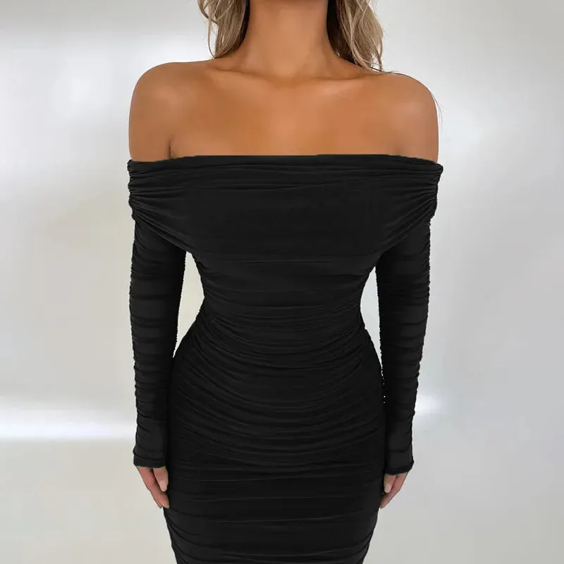 Chic Off-Shoulder Ruched Mesh Bodycon Midi Dress with Long Sleeves – Stylish Evening Wear