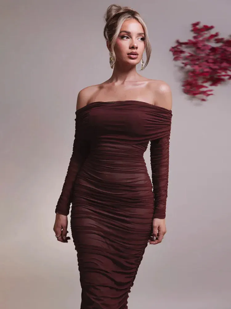 Chic Off-Shoulder Ruched Mesh Bodycon Midi Dress with Long Sleeves – Stylish Evening Wear