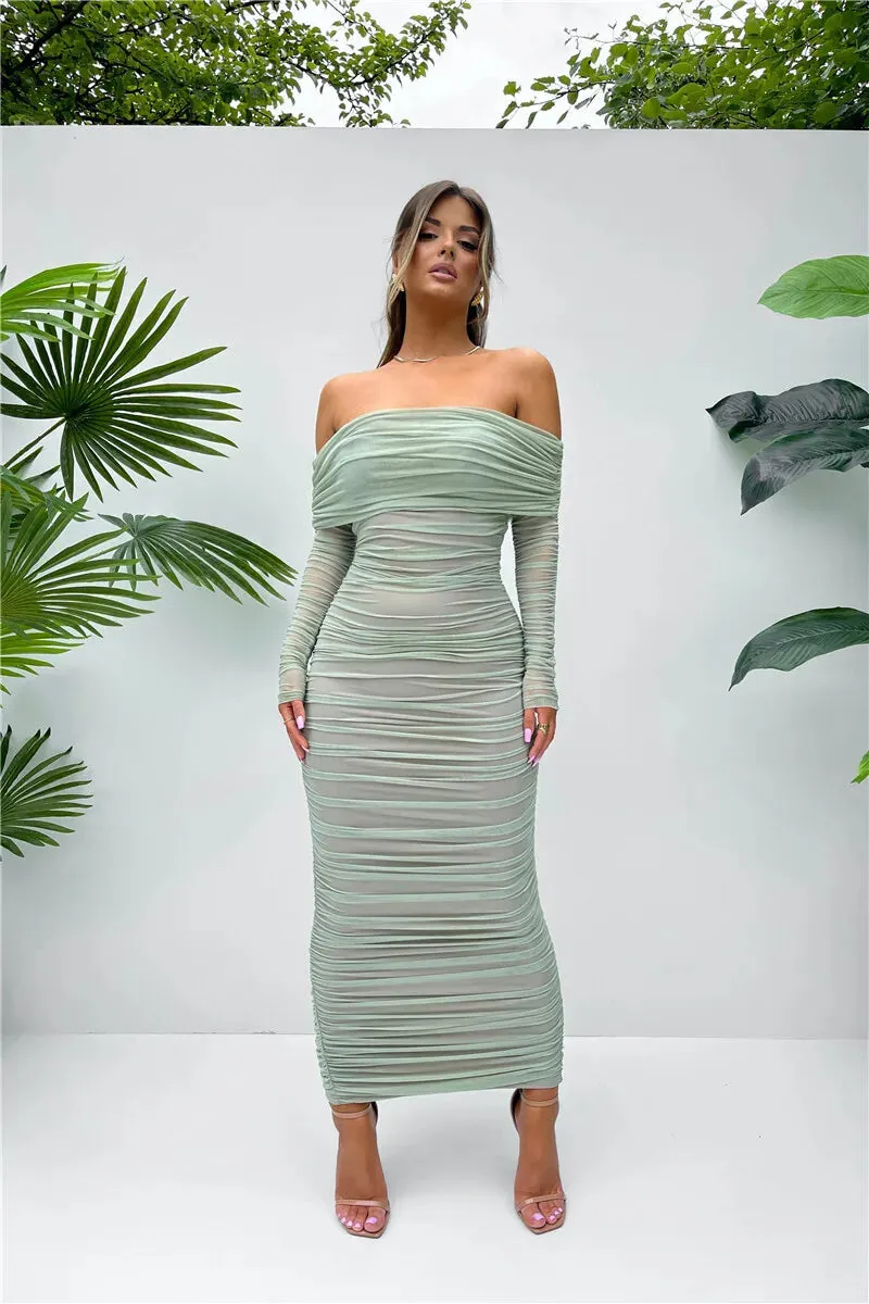 Chic Off-Shoulder Ruched Mesh Bodycon Midi Dress with Long Sleeves – Stylish Evening Wear