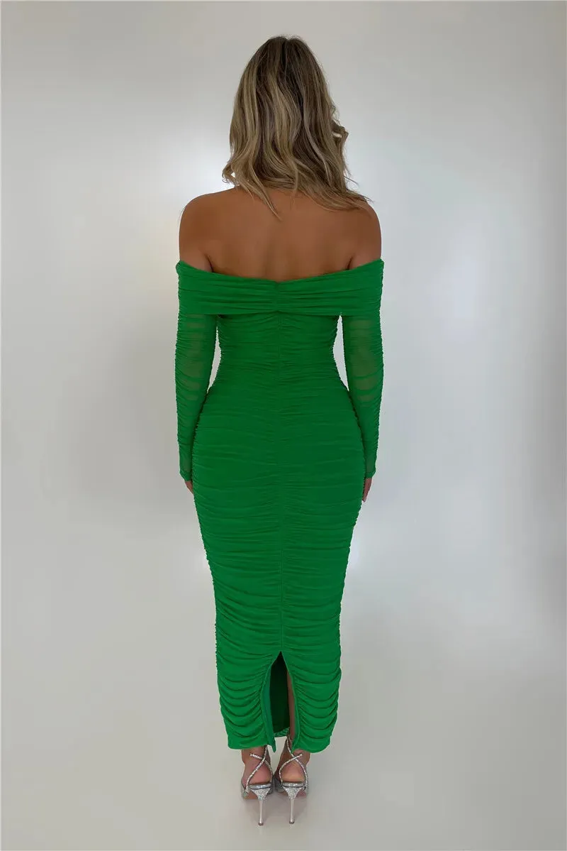 Chic Off-Shoulder Ruched Mesh Bodycon Midi Dress with Long Sleeves – Stylish Evening Wear