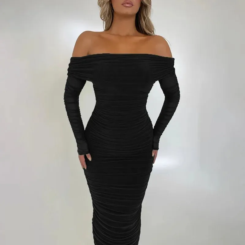 Chic Off-Shoulder Ruched Mesh Bodycon Midi Dress with Long Sleeves – Stylish Evening Wear