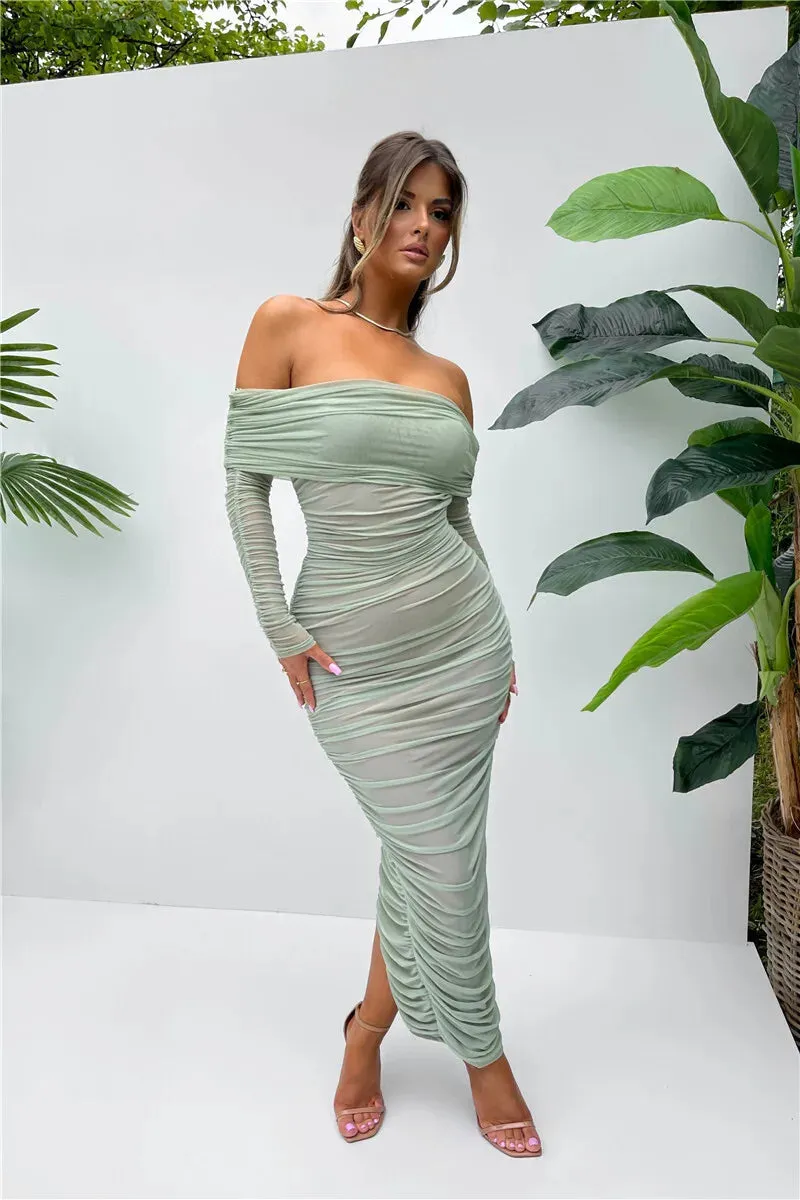 Chic Off-Shoulder Ruched Mesh Bodycon Midi Dress with Long Sleeves – Stylish Evening Wear