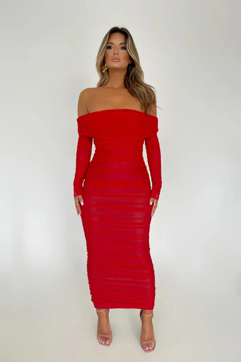 Chic Off-Shoulder Ruched Mesh Bodycon Midi Dress with Long Sleeves – Stylish Evening Wear