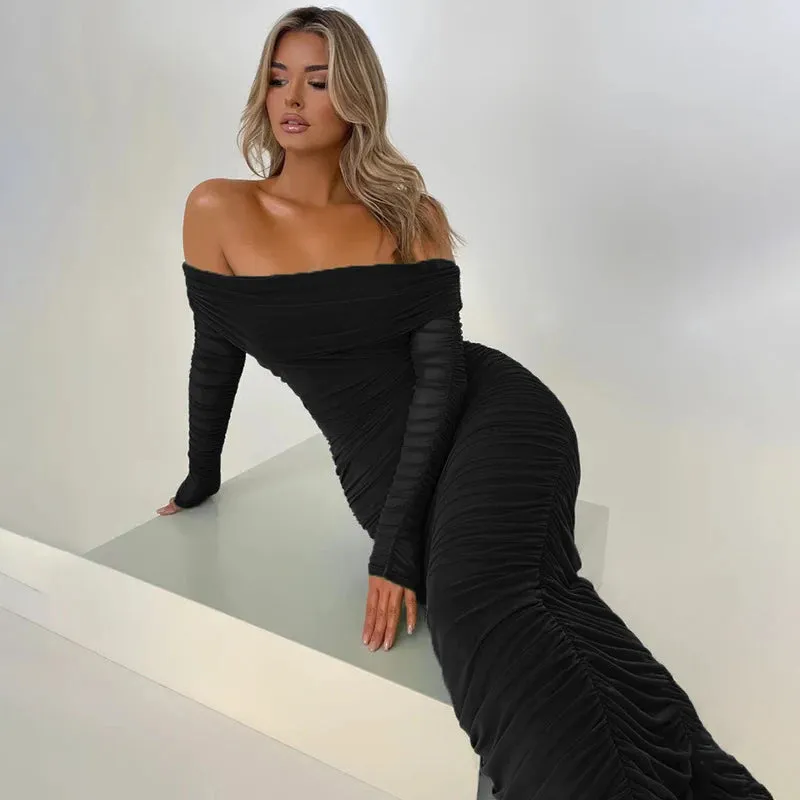 Chic Off-Shoulder Ruched Mesh Bodycon Midi Dress with Long Sleeves – Stylish Evening Wear