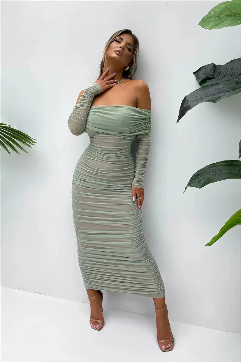 Chic Off-Shoulder Ruched Mesh Bodycon Midi Dress with Long Sleeves – Stylish Evening Wear