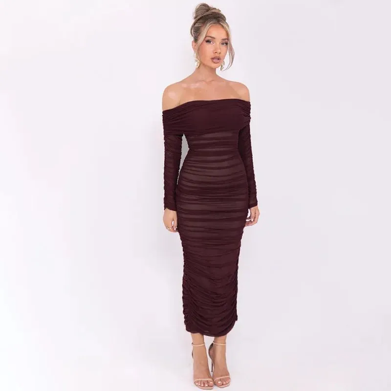 Chic Off-Shoulder Ruched Mesh Bodycon Midi Dress with Long Sleeves – Stylish Evening Wear