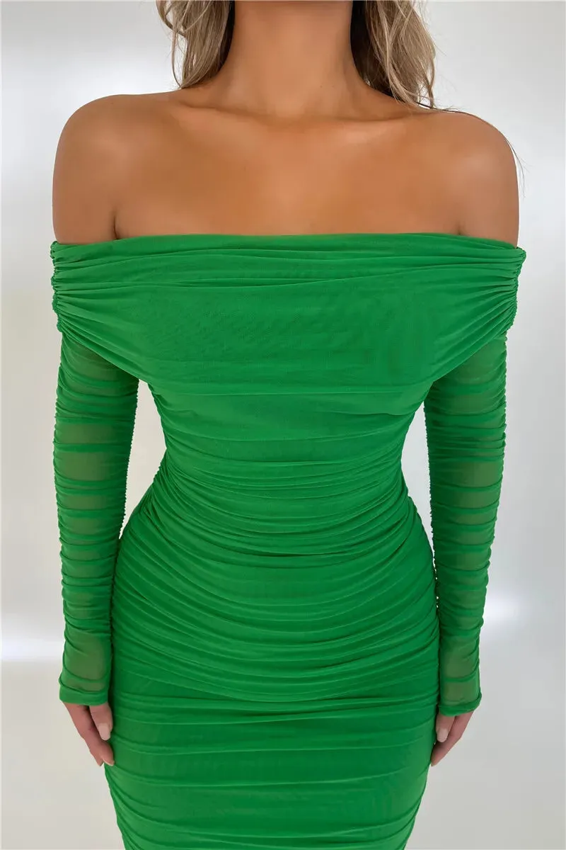 Chic Off-Shoulder Ruched Mesh Bodycon Midi Dress with Long Sleeves – Stylish Evening Wear