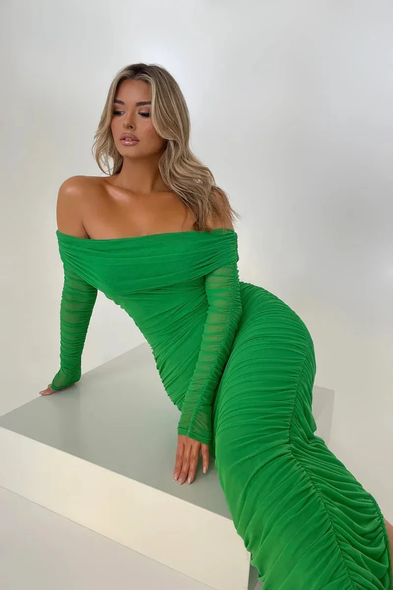 Chic Off-Shoulder Ruched Mesh Bodycon Midi Dress with Long Sleeves – Stylish Evening Wear