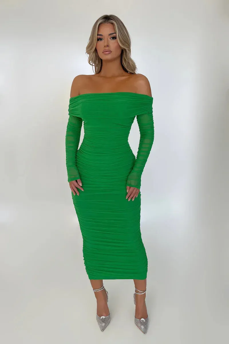 Chic Off-Shoulder Ruched Mesh Bodycon Midi Dress with Long Sleeves – Stylish Evening Wear