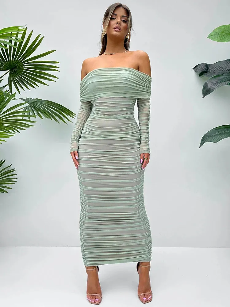 Chic Off-Shoulder Ruched Mesh Bodycon Midi Dress with Long Sleeves – Stylish Evening Wear