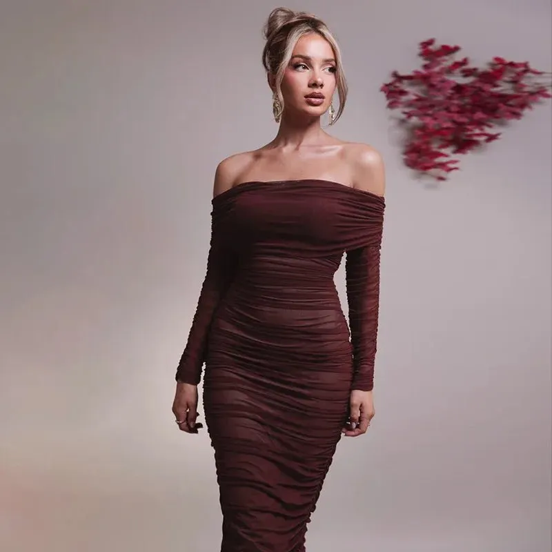 Chic Off-Shoulder Ruched Mesh Bodycon Midi Dress with Long Sleeves – Stylish Evening Wear