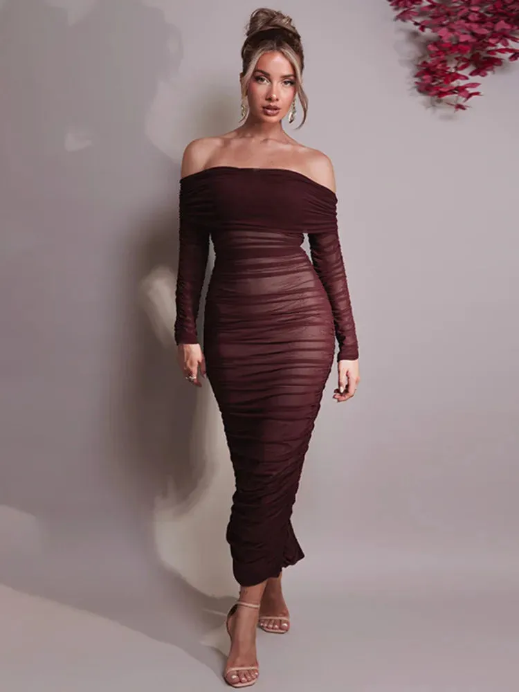 Chic Off-Shoulder Ruched Mesh Bodycon Midi Dress with Long Sleeves – Stylish Evening Wear