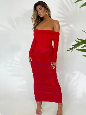 Chic Off-Shoulder Ruched Mesh Bodycon Midi Dress with Long Sleeves – Stylish Evening Wear