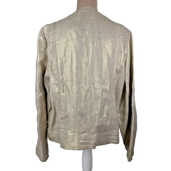 Chicos Blazer Women XL 16 Gold Foil Shimmer Moto Jacket 100% Linen Pockets New