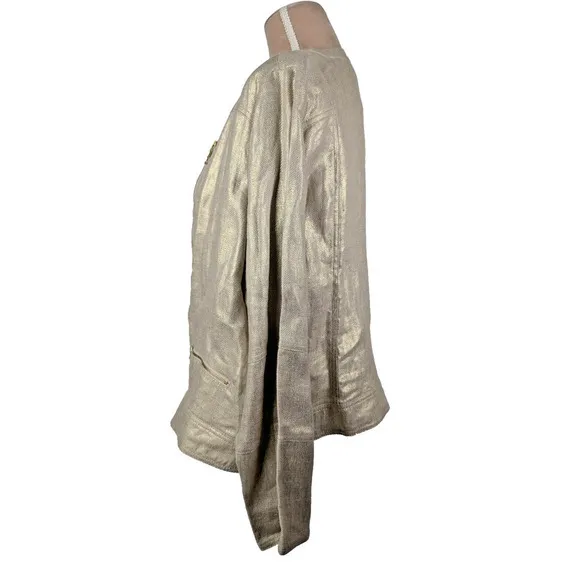 Chicos Blazer Women XL 16 Gold Foil Shimmer Moto Jacket 100% Linen Pockets New