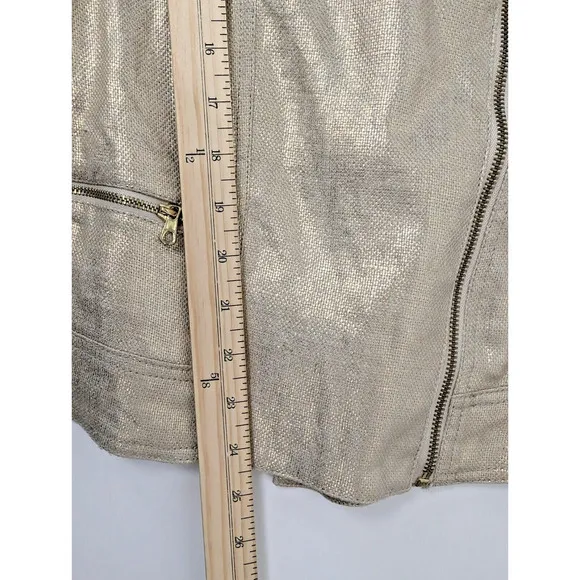 Chicos Blazer Women XL 16 Gold Foil Shimmer Moto Jacket 100% Linen Pockets New