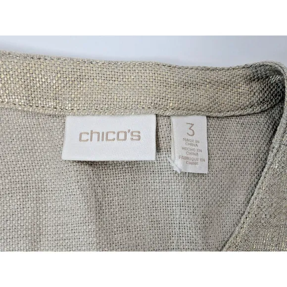 Chicos Blazer Women XL 16 Gold Foil Shimmer Moto Jacket 100% Linen Pockets New