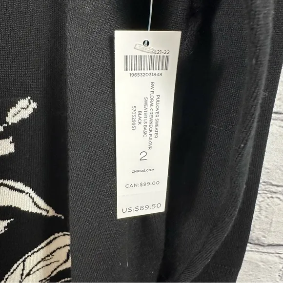 Chico’s Lightweight Sweater Floral Pullover Knit Tunic Black &amp; White 2/L(12) NWT