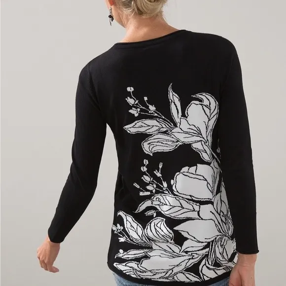 Chico’s Lightweight Sweater Floral Pullover Knit Tunic Black &amp; White 2/L(12) NWT