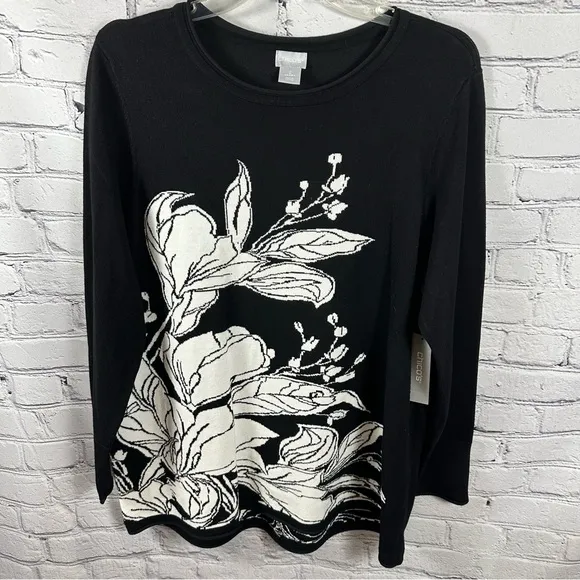 Chico’s Lightweight Sweater Floral Pullover Knit Tunic Black &amp; White 2/L(12) NWT
