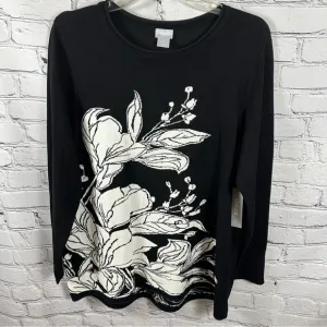 Chico’s Lightweight Sweater Floral Pullover Knit Tunic Black &amp; White 2/L(12) NWT