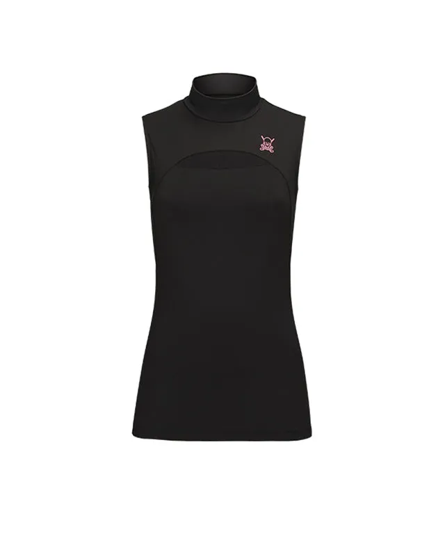 CHUCUCHU  Front Mesh Half Neck Top - Black