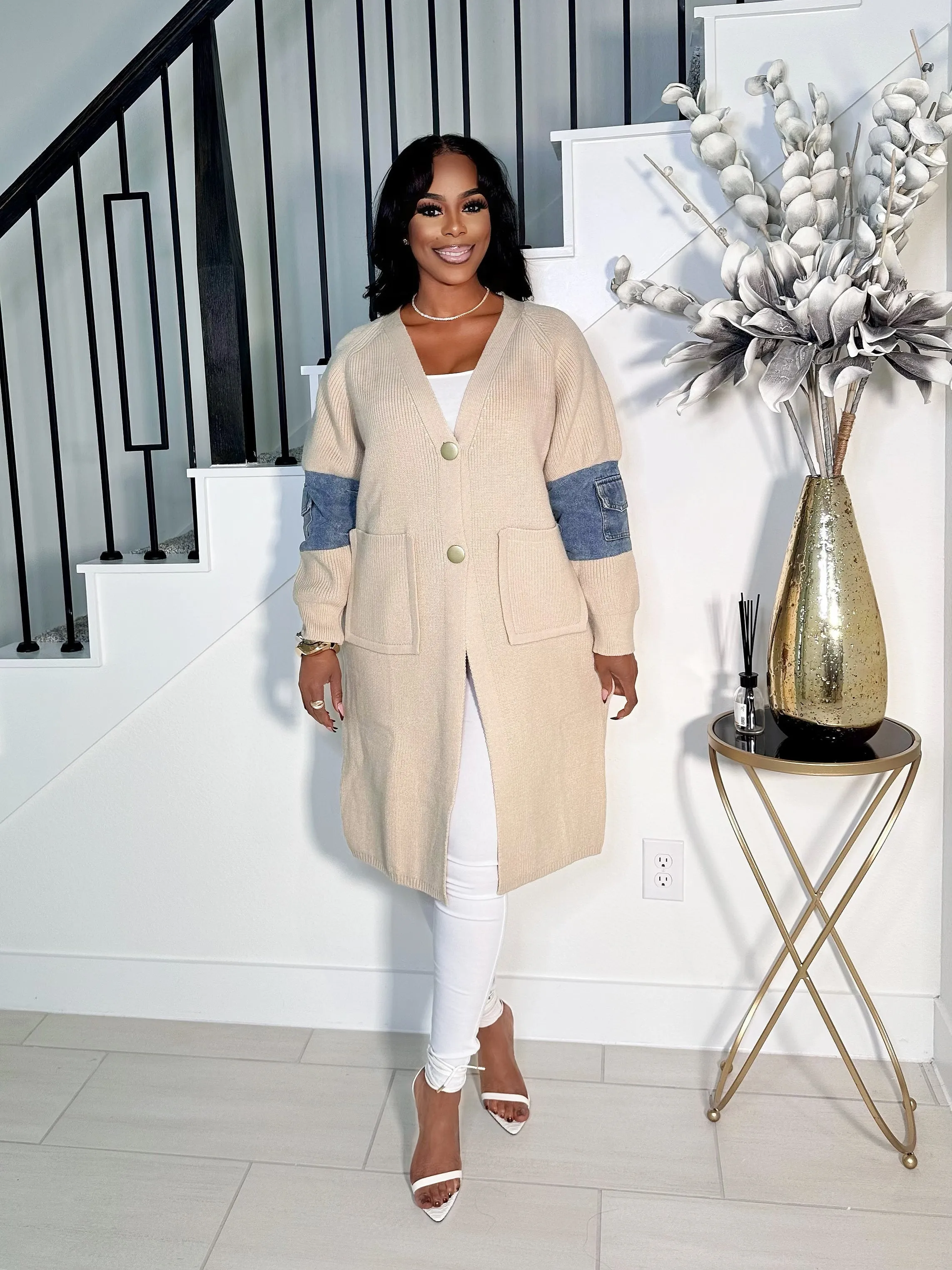 CICI OVERSIZED SWEATER CARDIGAN WITH PARTIAL DENIM SLEEVES