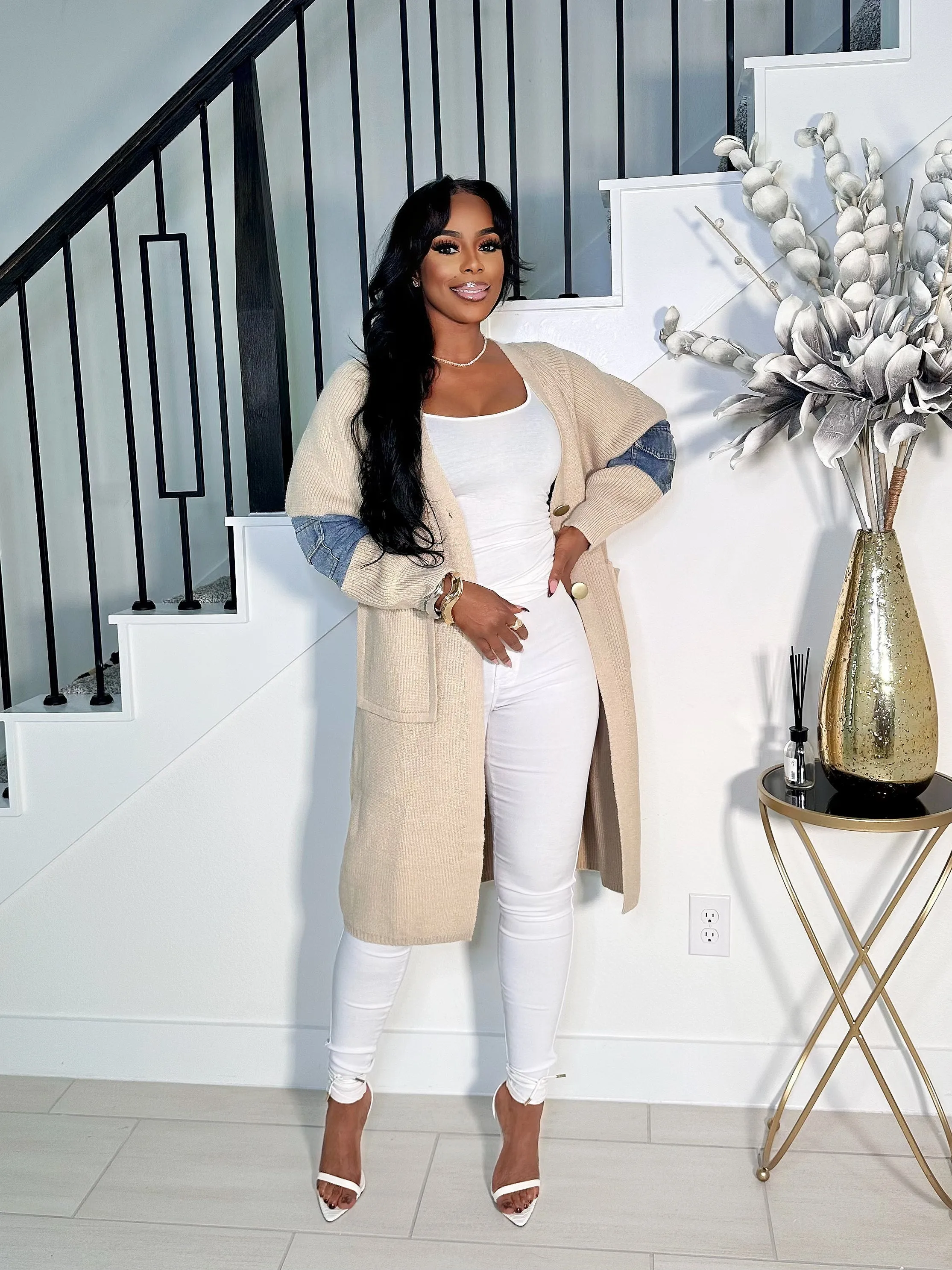 CICI OVERSIZED SWEATER CARDIGAN WITH PARTIAL DENIM SLEEVES