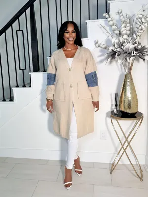 CICI OVERSIZED SWEATER CARDIGAN WITH PARTIAL DENIM SLEEVES