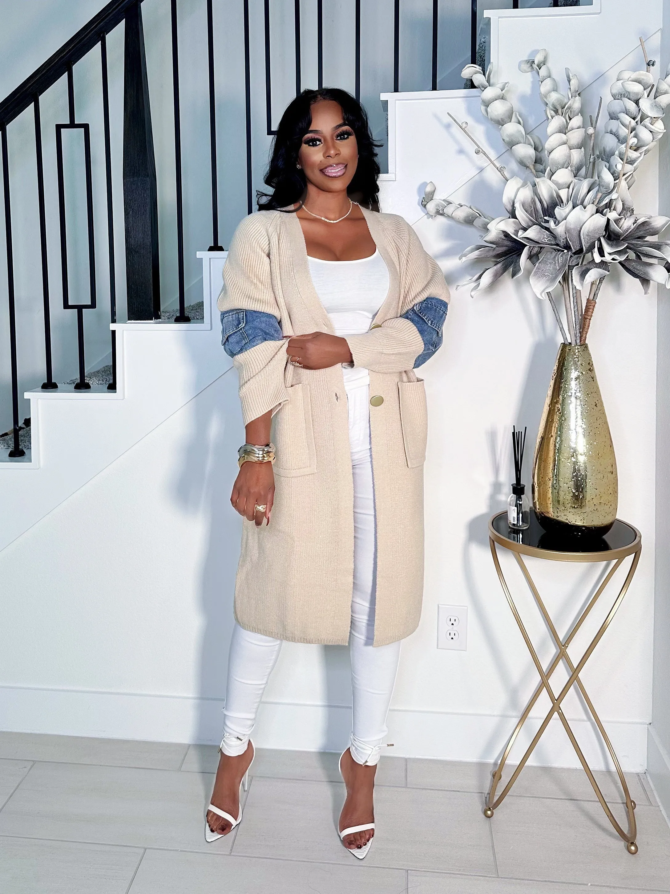 CICI OVERSIZED SWEATER CARDIGAN WITH PARTIAL DENIM SLEEVES