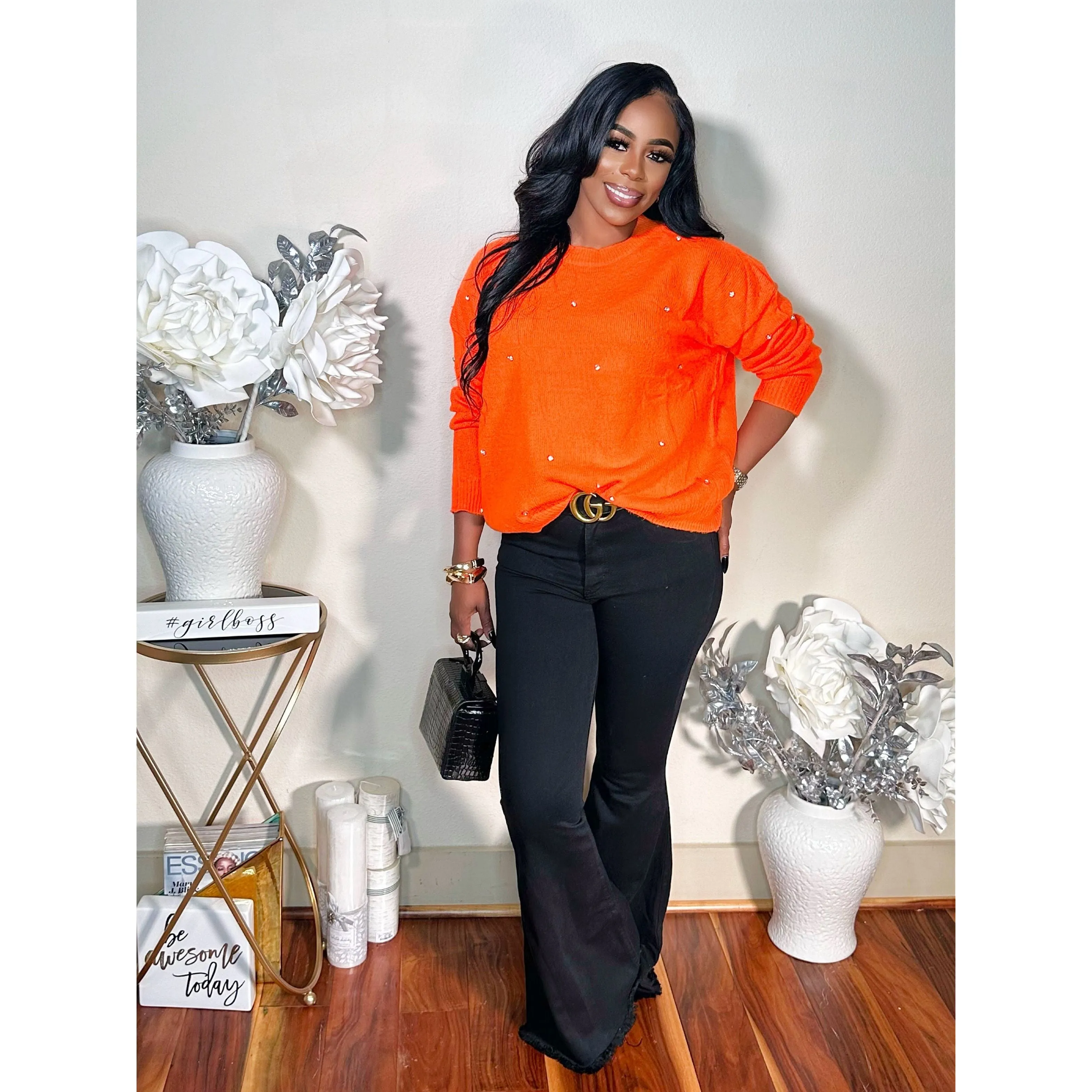 CLASSY GIRL RHINESTONE SWEATER (ORANGE)