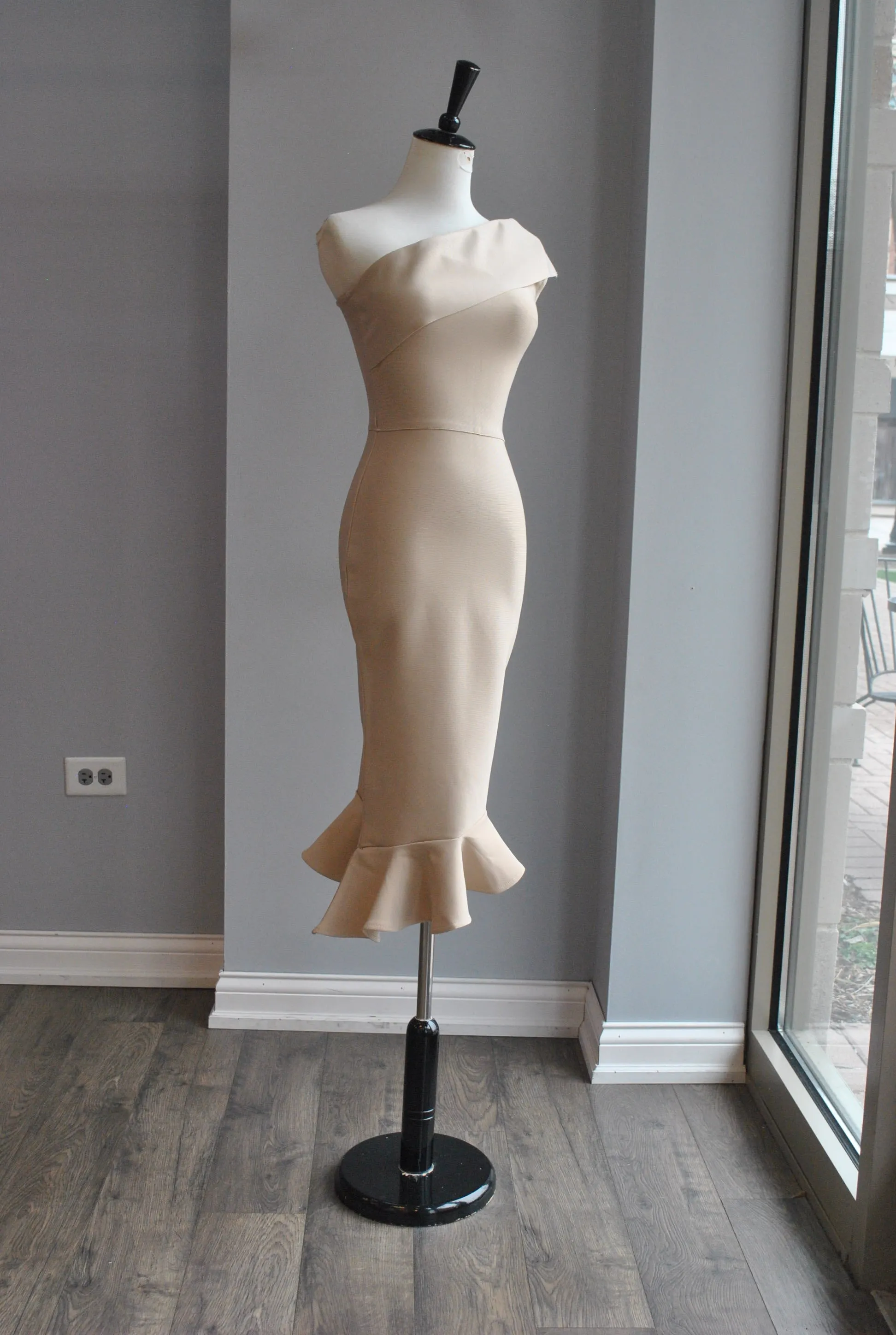 CLEARANCE - BEIGE ASYMMETRIC MIDI BANDAGE DRESS