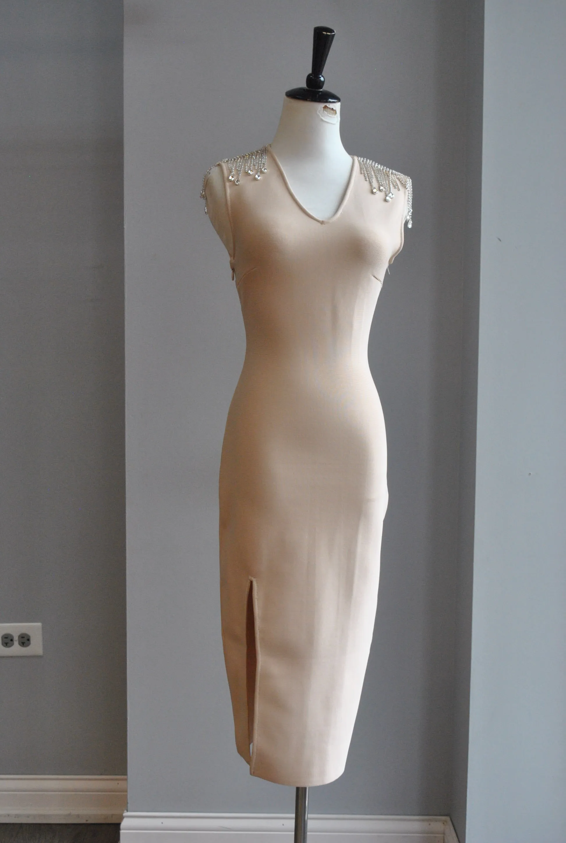 CLEARANCE - BEIGE BANDAGE DRESS WITH RHINESTONES