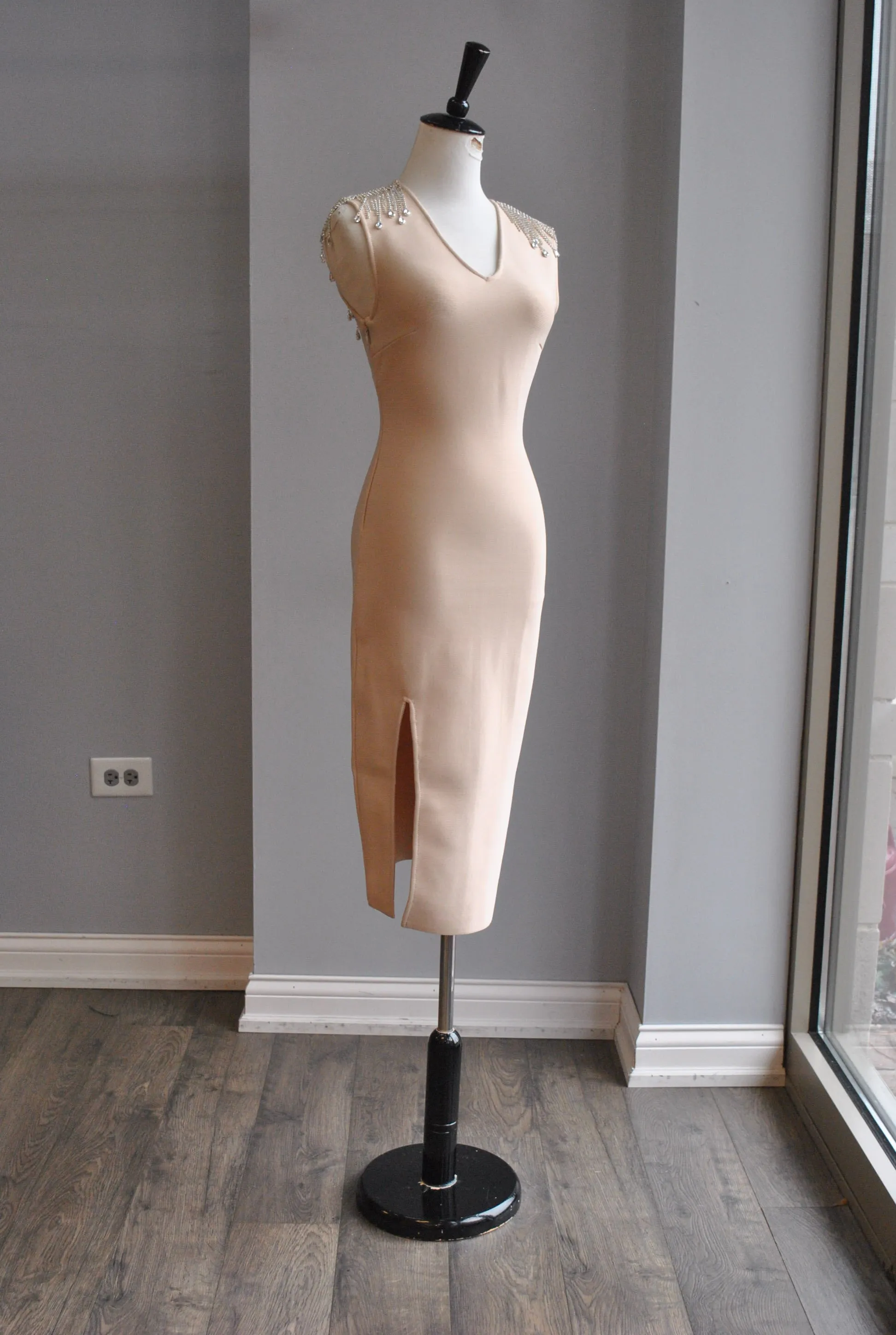 CLEARANCE - BEIGE BANDAGE DRESS WITH RHINESTONES