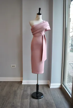 CLEARANCE - BLUSH PINK ASYMMETRIC MIDI COCKTAIL DRESS