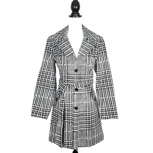 Coldwater Creek Black White Houndstooth Cotton Trench Coat Size Medium 10/12