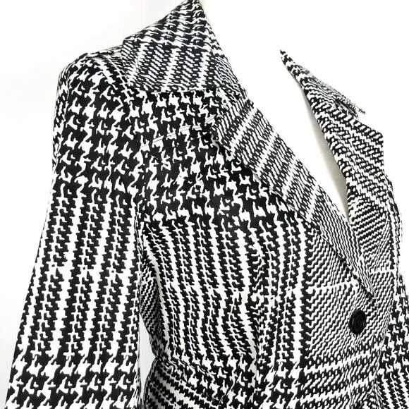 Coldwater Creek Black White Houndstooth Cotton Trench Coat Size Medium 10/12