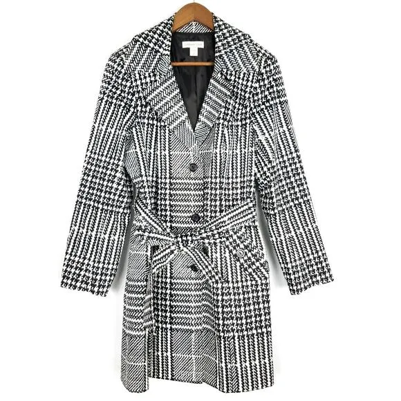 Coldwater Creek Black White Houndstooth Cotton Trench Coat Size Medium 10/12