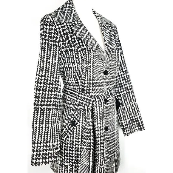 Coldwater Creek Black White Houndstooth Cotton Trench Coat Size Medium 10/12