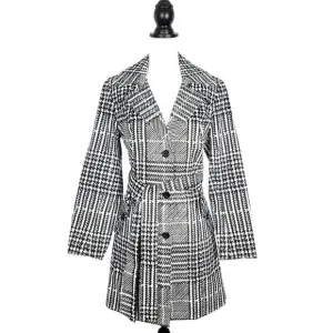 Coldwater Creek Black White Houndstooth Cotton Trench Coat Size Medium 10/12