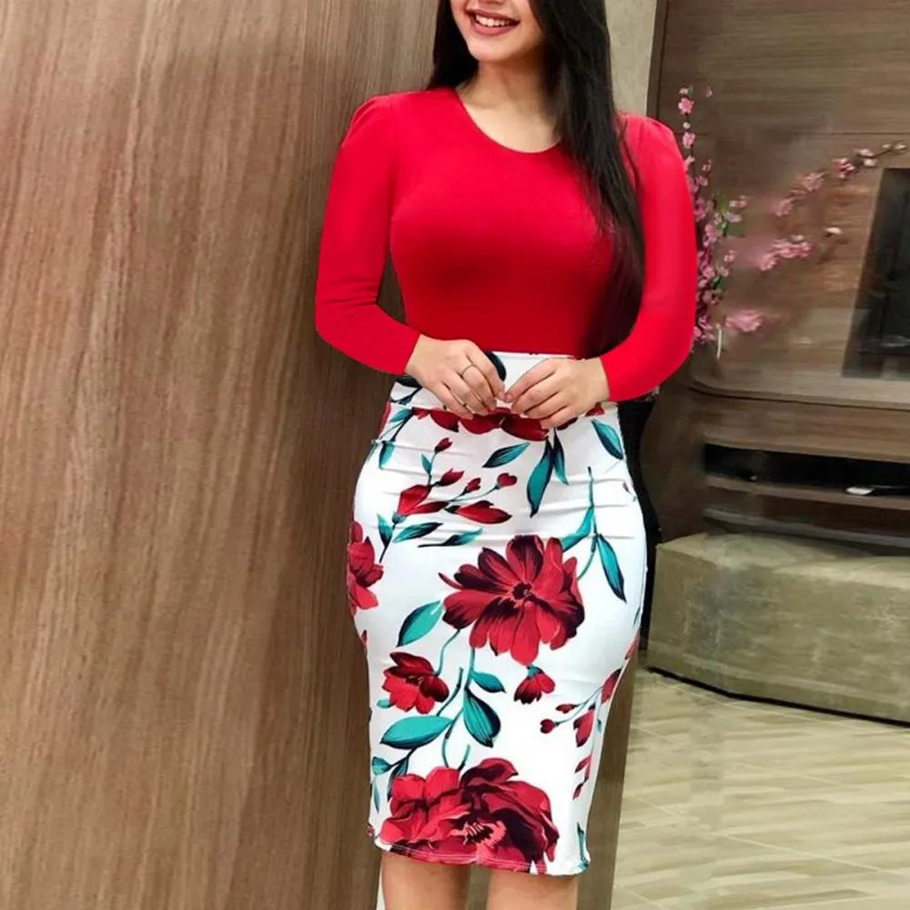 Color Matching Flower Print Bodycon Dress