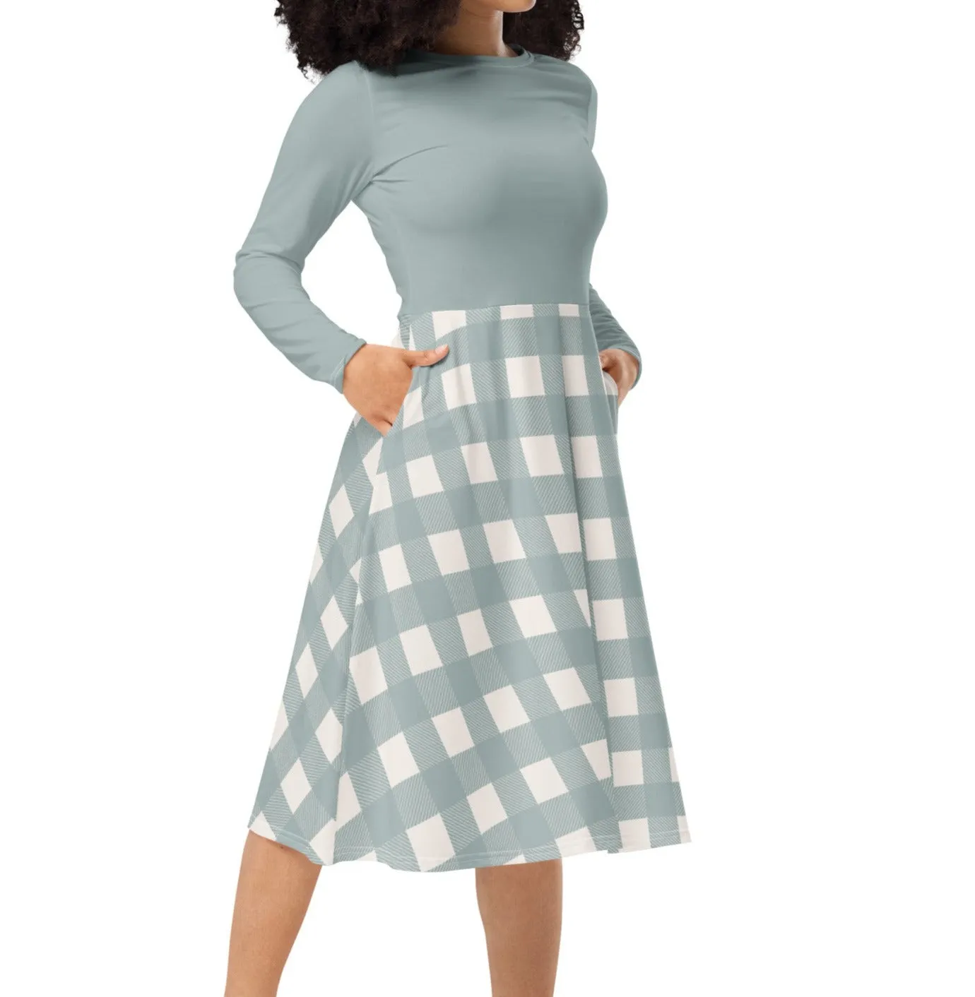 Cottage Blue Buffalo Plaid Midi Dress (S-6XL)